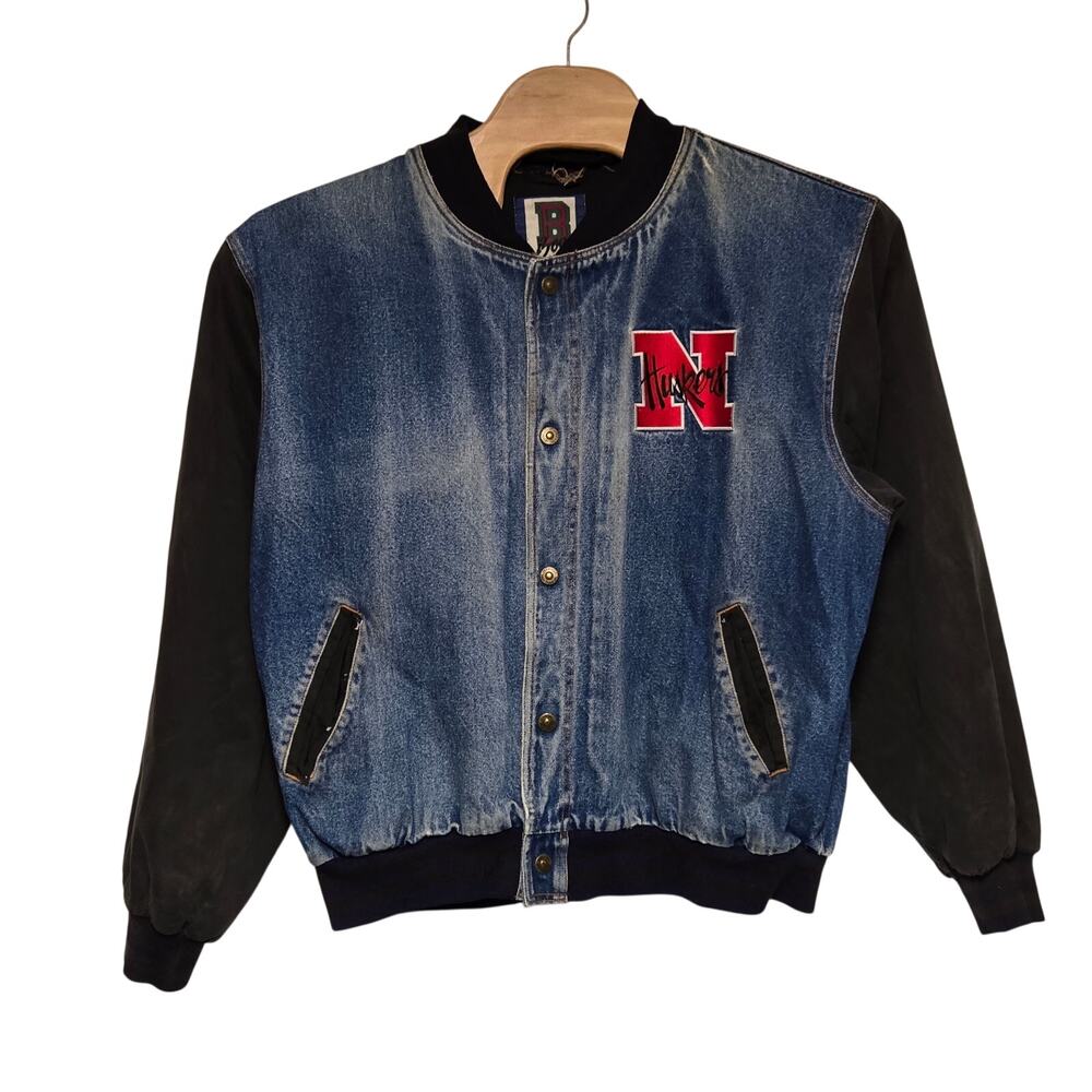 VTG Nebraska Cornhuskers Denim Bomber jacket Men's XL DISTRESSED FADED READ